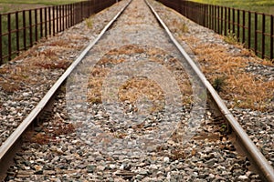 Railway tracks disappearing into the horizon. Concept of means of transport