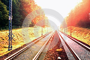 Railway tracks in Europe on a sunny day.