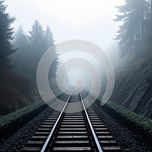 Railway tracks in the foggy forest, black and white image