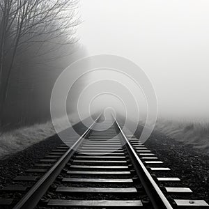 Railway tracks in the foggy forest, black and white image