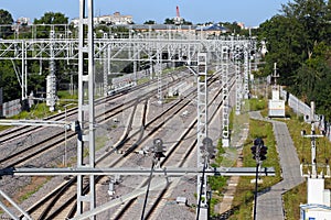 Railway tracks go into the distance. Railway power lines. Lines, diagonals, rhythm. City. Industrial landscape. photo