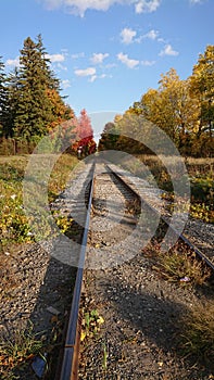 Railway tracks headed east cnr railroad blue skies red autumn leaves Guelph Ontario Canada