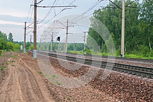 Railway tracks in the middle of the spring forest