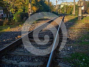 Railway tracks. Rails going around the corner. Transport