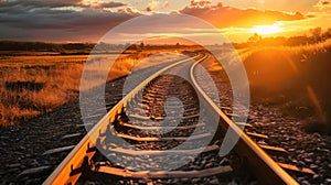 Railway tracks at sunset in the field. Railway to horizon.