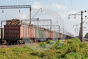 Railway tracks, wagons loaded with logs on rails