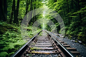 Railway Tracks Winding Through a Lush Green Forest. Generative AI