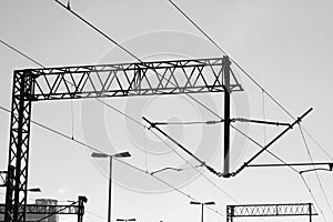 Railway traction. Electricity pylons and power lines against the sky. High voltage transmission