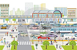 Railway traffic and road traffic with train station, people illustration