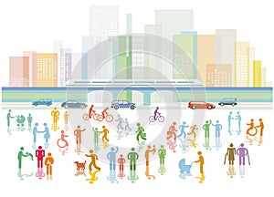 Railway traffic and road traffic with train station, people illustration