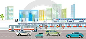 Railway traffic and road traffic with train station, people illustration