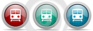 Railway, train, subway, transportation vector icon set, glossy web buttons collection