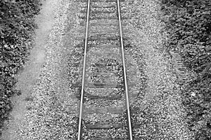 Railway, train tracks close up in black and white