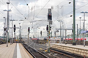 The railway of train with traffic light of Frankfurt Main Station