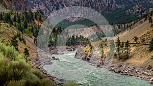 Railway and the Trans Canada Highway follow the Thompson River with its many rapids flowing through the Coastal Mountains