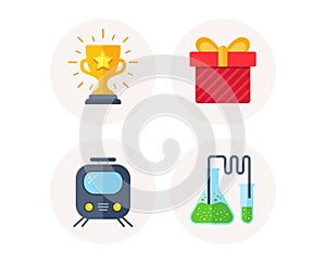 Railway transport, Gift box and Winner cup icons. Chemistry sign. Vector
