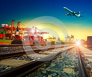 Railway transport in import export shipping port and cargo plane