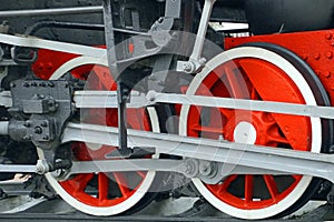 Railway transport retro. Steam locomotive wheels. Red color.