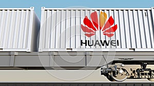 Railway transportation of containers with Huawei logo. Editorial 3D rendering