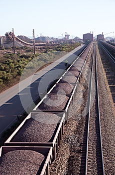 Railway trucks loaded with iron ore
