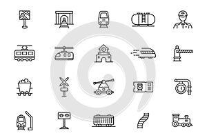 Railway vector line icon. Subway metro rail station tram road transport locomotive monorail line icon.