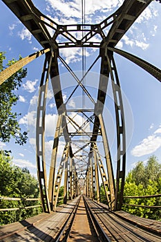 Railway viaduct in the UWA wide-angle lens on a sunny day. Summer