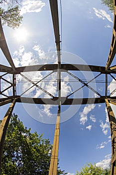 Railway viaduct in the UWA wide-angle lens on a sunny day. Summer