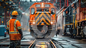 Railway worker in a train yard at dusk