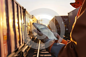 Railway worker using a digital tablet at sunset for logistics control