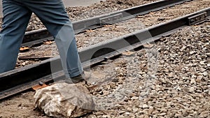 Railway workers bolting track rail