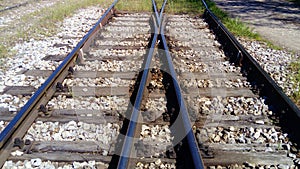 Railways. Rails and sleepers on the ground near the station. Long way concept. Interlacing of tracks, railway arrows