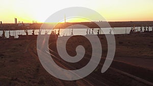 Railways in the sea port during evening sunset.