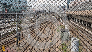 Railways at Stockholm train station seen from above through rabitz grid