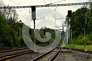 Railyard with traffic lights