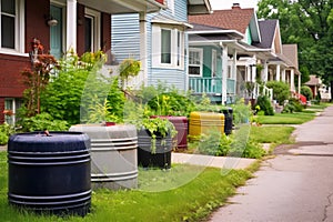 rain barrels placed beside a suburban house