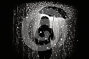 rain black background. man with umbrella in bad weather.