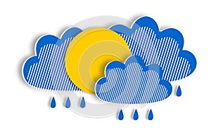 Rain blue clouds hide the yellow sun in paper cut style. Modern design of a weather forecast during a storm. Horizontal