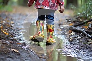 rain boots with a trail of muddy footprints