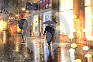 Rain city  autumn evening in city night light neon reflection rainy drops on wet pavement people walk with umbrellas in old town o