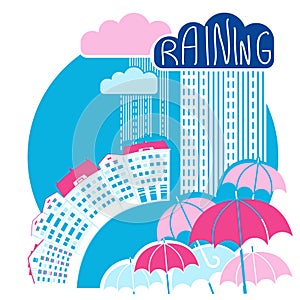 Rain city background with clouds and umbrellas.Vector color flat