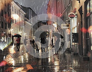 Rain in the city  evening rainy urban street people walk with umbreellas city  bokeh blurred light wet pavement medieval houses i