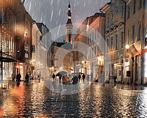Rain in the city  evening rainy urban street people walk with umbreellas city  bokeh blurred light wet pavement medieval houses i