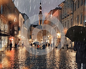 Rain in the city  evening rainy urban street people walk with umbreellas city  bokeh blurred light wet pavement medieval houses i