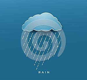 Rain cloud with lines, raindrops vector illustration. Thunderstorm weather nature background. Isolated on dark backdrop