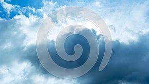 Rain cloud and sun beam. Panorama of cloudy gray sky. Abstract textured. Rain clouds background. Space for text