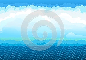 Rain clouds blue sky. Vector illustration. Water jets, inclement weather. Flat style. photo