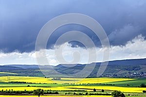 Rain clouds pull over rapeseed fields and mountains photo