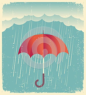 Rain clouds with red umbrella.Vintage poster on old paper