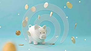 Rain of Coins and White Piggy Bank on Blue Background. Conceptualizing Savings and Investment. Ideal for Financial