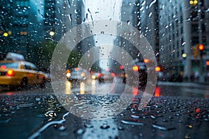 A rain-covered windshield provides a partially obstructed view of a bustling city street, with pedestrians and vehicles navigating